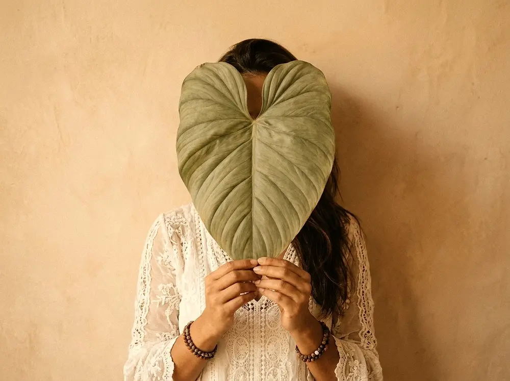 Woman holding a large heart-shaped leaf in front of her face, against a warm ochre wall