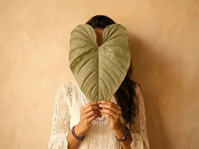 Woman holding a large heart-shaped leaf in front of her face, against a warm ochre wall