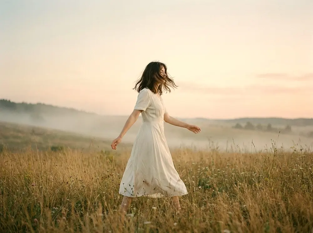 Woman walking with closed eyes through a misty golden field