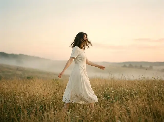 Woman walking with closed eyes through a misty golden field