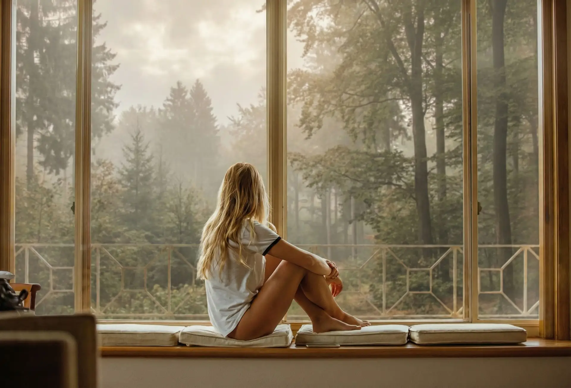 Woman sitting on a windowsill looking out over a misty forest, a moment of calm
