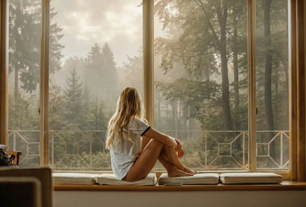 Woman sitting on a windowsill looking out over a misty forest
