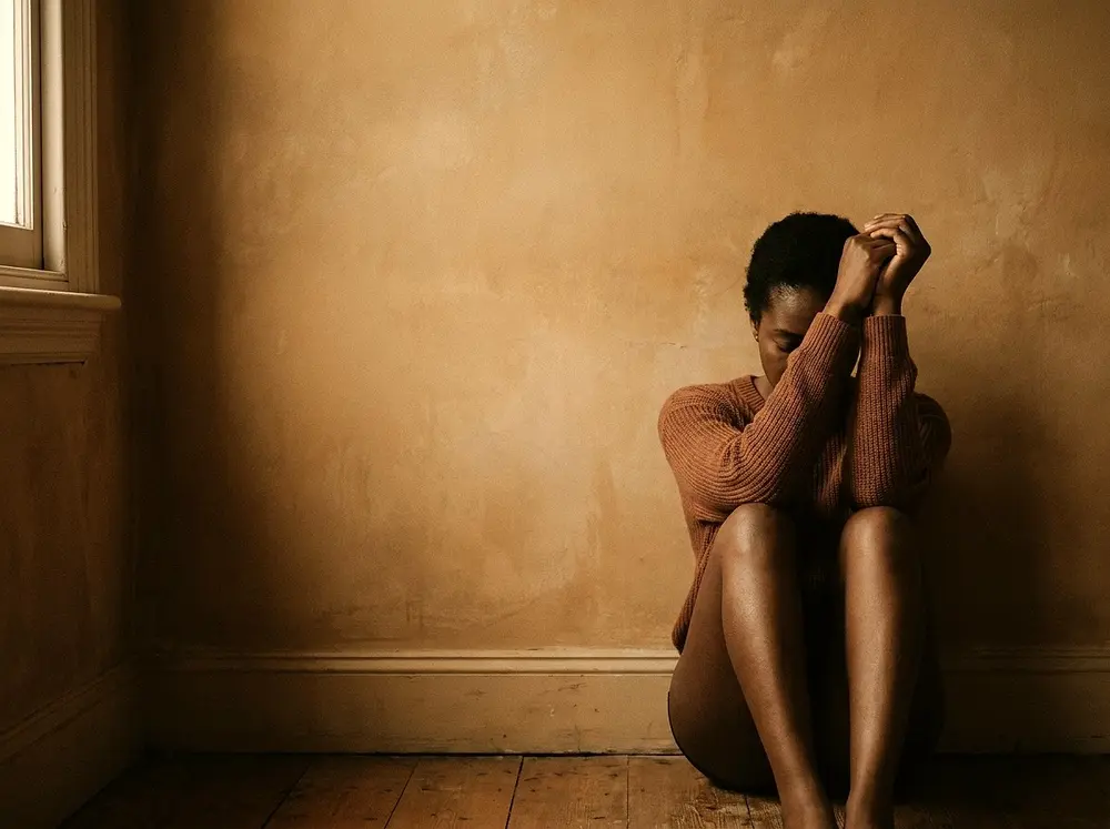 Woman sitting on the floor against a warm ochre wall, head resting on her arms