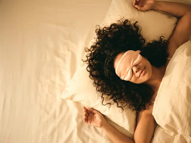 Woman lying in bed wearing a silk sleep mask, photographed from above